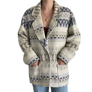 Vintage 90s Womens Express Aztec Western Cowgirl Hippie Blue Wool Jacket Sz M